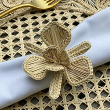 Load image into Gallery viewer, Artisan Handcrafted Iracca Palm Napkin Rings in Orchid Flower Shape