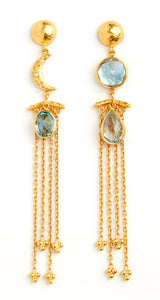 Love X Luxury Exclusive 24K Gold Moon and Star Blue Topaz Chandelier Earrings