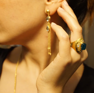 Love X Luxury Exclusive 24K Gold Moon and Star Blue Topaz Chandelier Earrings
